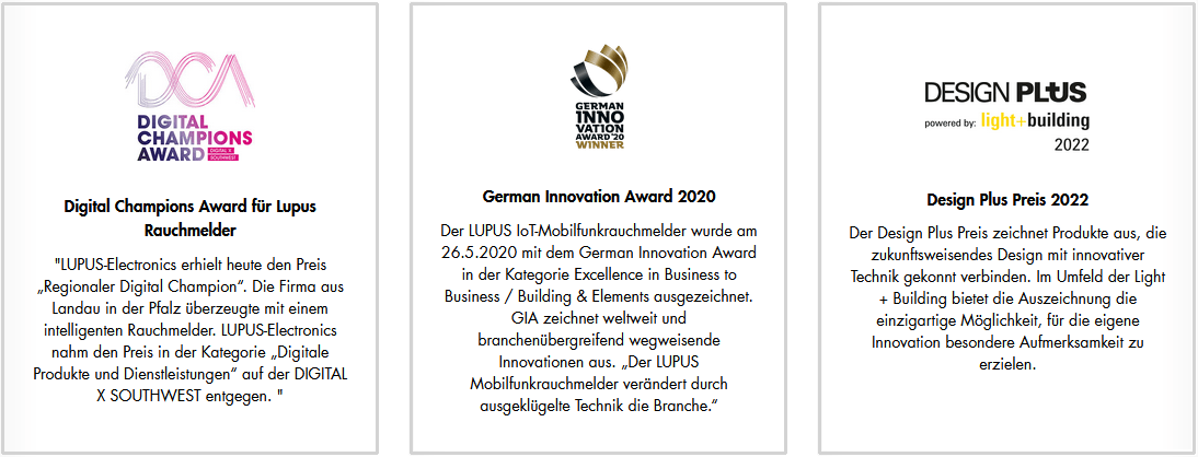Auszeichnungen für den LUPUS Rauchwarnmelder